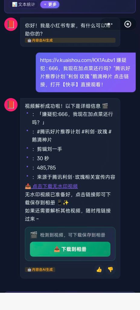 快手视频解析演示 - 成功提取视频信息